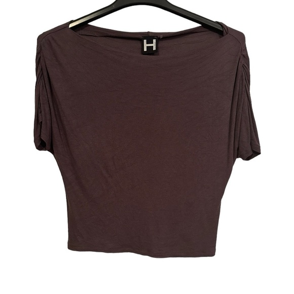 H by bordeaux dolman ruched sleeve lightly ribbed stretchy brown top woman’s med - Picture 1 of 5